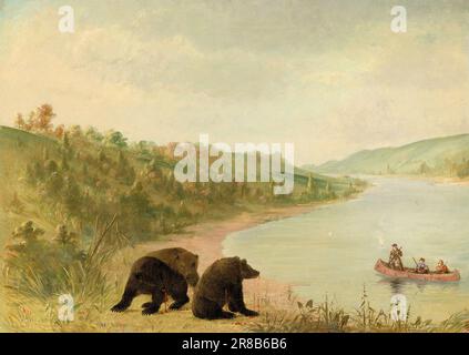 Catlin and His Men in Their Canoe, Urgently Solicited to Come Ashore, Upper Missouri 1846-1848 by George Catlin, born Wilkes-Barre, PA 1796-died Jersey City, NJ 1872 Stock Photo