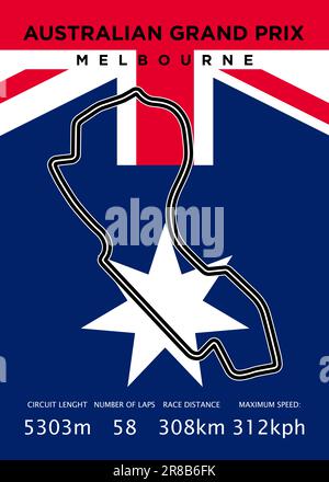 The Albert Park Circuit is a motorsport street circuit around Albert Park Lake, three kilometres south of central Melbourne. Stock Vector
