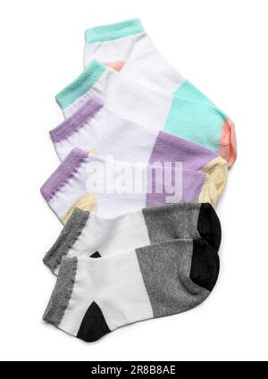 Set of different cotton socks on white background Stock Photo