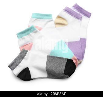 Set of different cotton socks on white background Stock Photo
