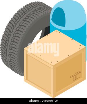 Garbage disposal icon isometric vector. Car tire and parcel box near street urn. Recycling concept, industrial waste Stock Vector