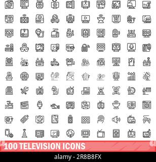 100 television icons set. Outline illustration of 100 television icons vector set isolated on white background Stock Vector