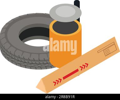 Waste management icon isometric vector. Car tire and postal box near street urn. Industrial trash, environmental problem Stock Vector