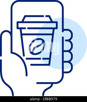 Ordering coffee online. Food delivery app. Hand holding a smartphone. Pixel perfect, editable stroke icon Stock Vector
