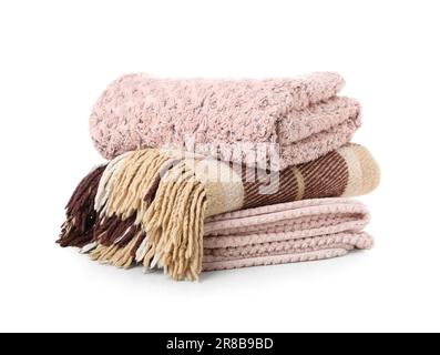 New soft folded blankets on white background Stock Photo