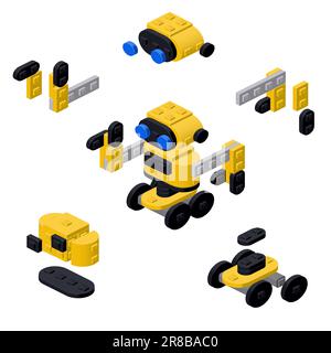 A concept with a yellow robot and its parts made of plastic blocks in an isometric style for printing and decoration. Vector illustration. Stock Vector