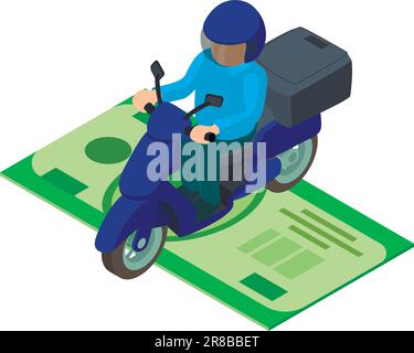 Delivery service icon isometric vector. Moto delivery courier on big dollar bill. Fast shipping concept Stock Vector