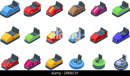 Bumper cars attraction icons set isometric vector. Park game. Carnival fun Stock Vector