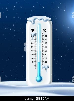 Cartoon style realistic vector icon. Cold thermometer on the snow. Stock Vector