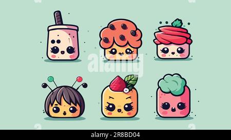 Cute Kawaii dessert - cupcake, macaroon, ice-cream Stock Vector