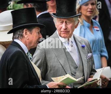 London, UK. 20th June, 2023. King Charles. Members of the Royal family, led by a carriage containing King Charles III and Queen Camilla, proceed along the Parade Ring at Ascot and later mingle on day one of Royal Ascot at Ascot Racecourse. Credit: Imageplotter/Alamy Live News Stock Photo