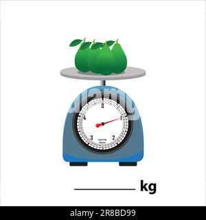 Avocado on weighing scale, isolate on white background. Weight balance vector illustration. Equilibrium comparison sign business concept. Food weight Stock Vector