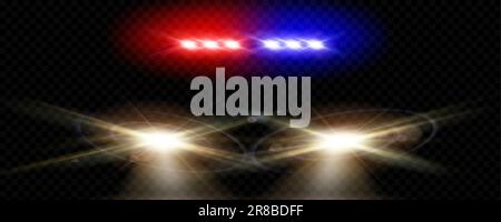 Realistic police car headlights blinking with red, blue colors on transparent background. Vector illustration of emergency vehicle headlamps illuminating dark road, ambulance lights glowing at night Stock Vector