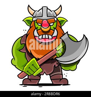 A battle-scarred, toothy Orc with a bandaged head, many scars on his face, and an ominous grimace . illustration Stock Vector