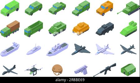 Military vehicles icons set isometric vector. War gun. Target ship Stock Vector