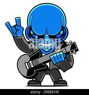 Cute Alien With Metal Hand Cartoon Vector Icon Illustration. Science Technology Icon Concept Isolated Premium Vector. Flat Stock Vector