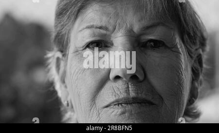 Resolute Senior Woman s Portrait in dramatic black and white. Close-Up Face Looking at Camera. Older Female with wrinkles and Determined Expression in Stock Photo