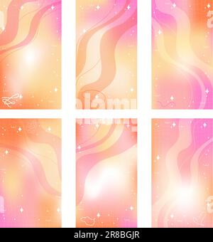 Trendy set of yellow orange pink blurry mesh gradient abstract storis template background with copy space and hand drawn Kawaii Y2K line and wave Stock Vector