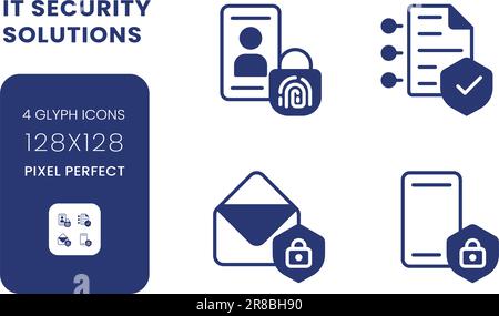 Cyber security solutions black solid desktop icons pack Stock Vector