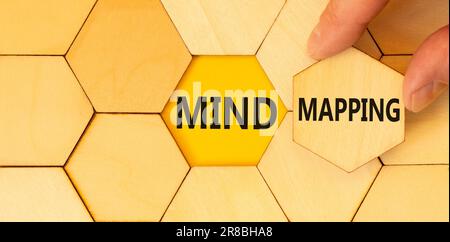 Mind mapping symbol. Concept words Mind mapping on beautiful wooden puzzles on beautiful wooden background. Businessman hand. Business support motivat Stock Photo