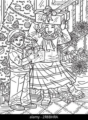 Christmas Children with Gifts Adults Coloring Page Stock Vector
