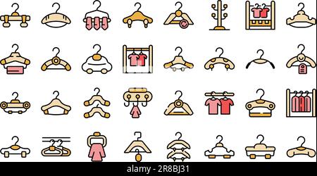 Clothes hangers icons set outline vector. Hook hunger. Fashion offer thin line color flat on white Stock Vector
