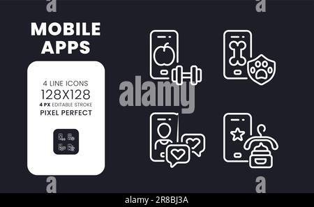Mobile apps white linear desktop icons on black Stock Vector