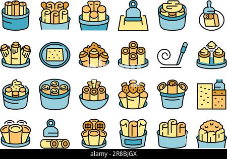 Stir fried ice cream icons set outline vector. Thai roll. Food taco thin line color flat on white Stock Vector
