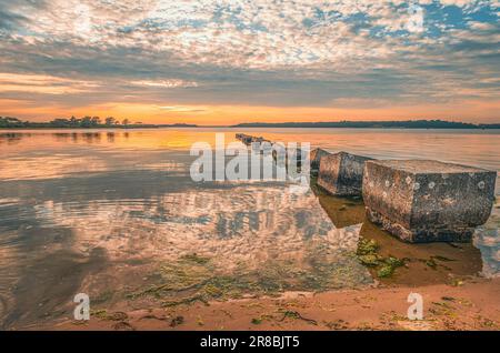 WW2 anti tank blocks at Bramble Bush Bay at sunset with tide coming in with seaweed and soft sand,  Poole Harbour, Dorset Stock Photo