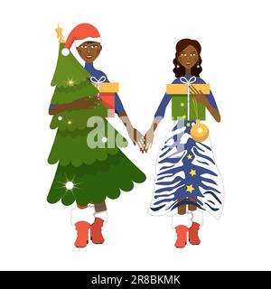 Happy festive african loving couple holding hands. Christmas new year holidays. People holding gift boxes. Stock Vector