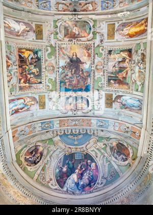 GENOVA, ITALY - MARCH 8, 2023:  The ceiling frescoes from life of St. Roch in the chruch Chiesa di San Rocco sopra Principe by Giovanni Carlone Stock Photo