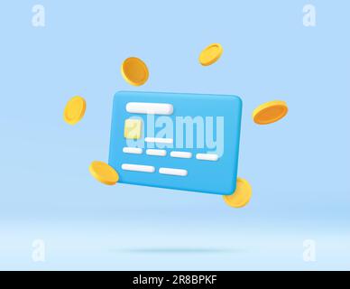 3d Credit card, floating coins around Stock Vector