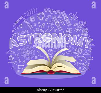 Astronomy textbook, school education and space galaxy study vector chalkboard background. Astronomy book with chalk doodle planets, rocket and spaceman, or constellation for student lessons study Stock Vector