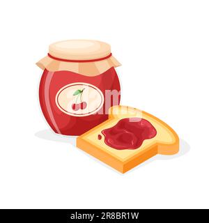 Toast bread and jar of cherry jam. Sweet cherries sandwich. Vector illustration in isometric style isolated on white background. Stock Vector