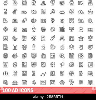 100 ad icons set. Outline illustration of 100 ad icons vector set isolated on white background Stock Vector