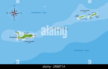 Highly detailed physical map of Cayman islands in vector format,with all the relief forms,regions and big cities. Stock Vector