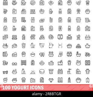 100 yogurt icons set. Outline illustration of 100 yogurt icons vector set isolated on white background Stock Vector
