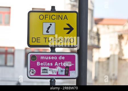 Informative signs, in the square of the Cathedral of Oviedo, Asturias, Spain Stock Photo