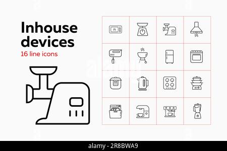 Inhouse devices line icon set. Set of line icons on white background. Soundbar, conditioner, fridge. Vector illustration can be used for topics like Stock Vector
