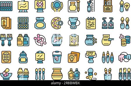 Art workshop icons set outline vector. School tools. Classroom baby thin line color flat on white Stock Vector