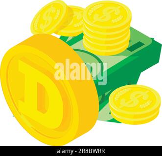 Dogecoin cryptocurrency icon isometric vector. Big dogecoin coin near cash money. Digital money, cryptocurrency concept Stock Vector