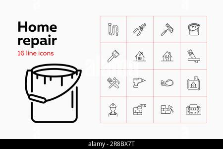 Home repair line icon set. Saw, hammer, brickwork, blueprint. Construction concept. Can be used for topics like housing housekeeping, renovation Stock Vector
