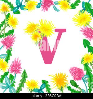 Letter V with dandelions. Yellow dandelion and clover flowers, hand drawn - floral frame pattern on white background Stock Photo
