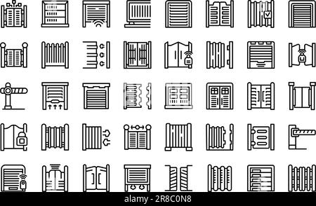 Automatic gates icons set outline vector. Security car. House gate Stock Vector