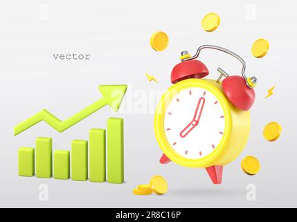 Vector 3d growth stock chart with coins and ringing alarm. Investing time concept. Excellent investing business graph. Growth chart with Green arrow o Stock Vector
