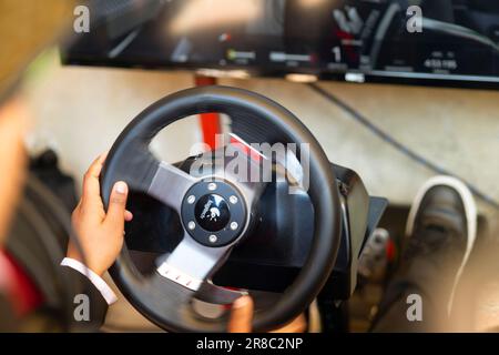 Hands of a Man on a Steering Wheel, While he Plays a Racing Game Stock Photo