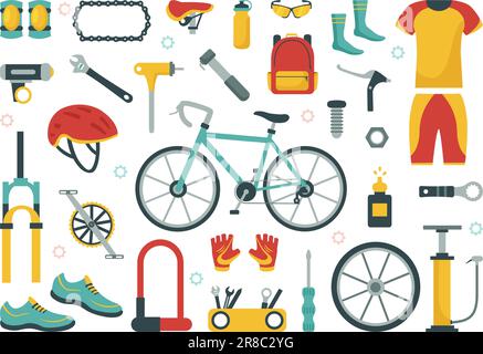 Cycling and Bicycle Tool Set Vector Illustration of a Mechanic Repairing Bicycles in a Workshop with Spare Parts in Flat Cartoon Hand Drawn Template Stock Vector