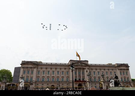 King's Birthday Flypast after Trooping the Colour in The Mall, London, UK. RAF Typhoon fighter jets spelling CR, Charles Rex, over Buckingham Palace Stock Photo