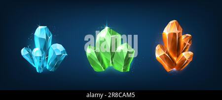 Vector icon illustration. Crystals and gemstones, precious stones, colorful ruby, qartz, emeralds. Stock Vector