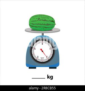 two Watermelon 3kg on a weighing scale, isolate on white background. Weight balance vector illustration. Equilibrium comparison sign business concept. Stock Vector